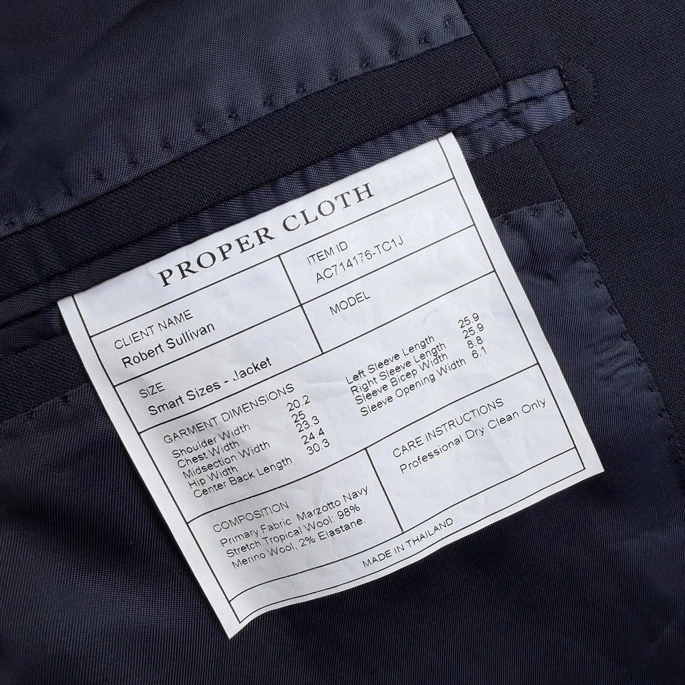 Proper Cloth Bespoke Blazer Mens 48L Sport Coat Jacket Wool Stretch Navy Blue